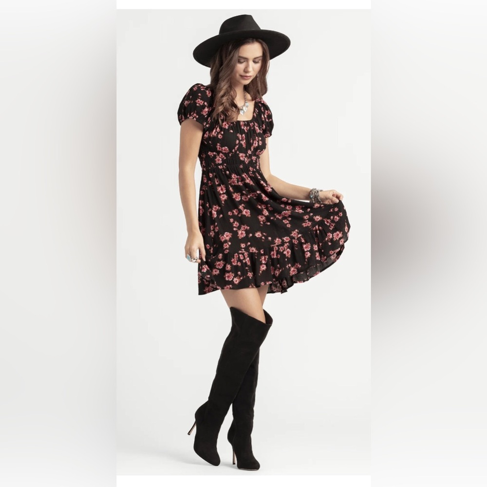 🖤🌸Jessica Simpson Black & Pink Floral Ruched Mini Dress- XS NWT